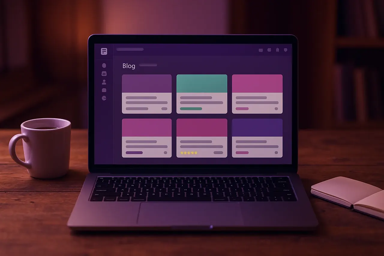 Mastodon Marketing blog archive dashboard on a writer laptop showing 6 article tile cards with hero images and category pills for the Houston AI agency blog