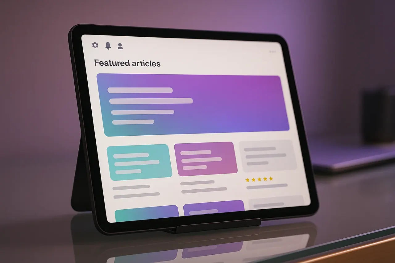 Mastodon Marketing featured articles tablet dashboard showing large hero article card and 3 smaller article tile previews