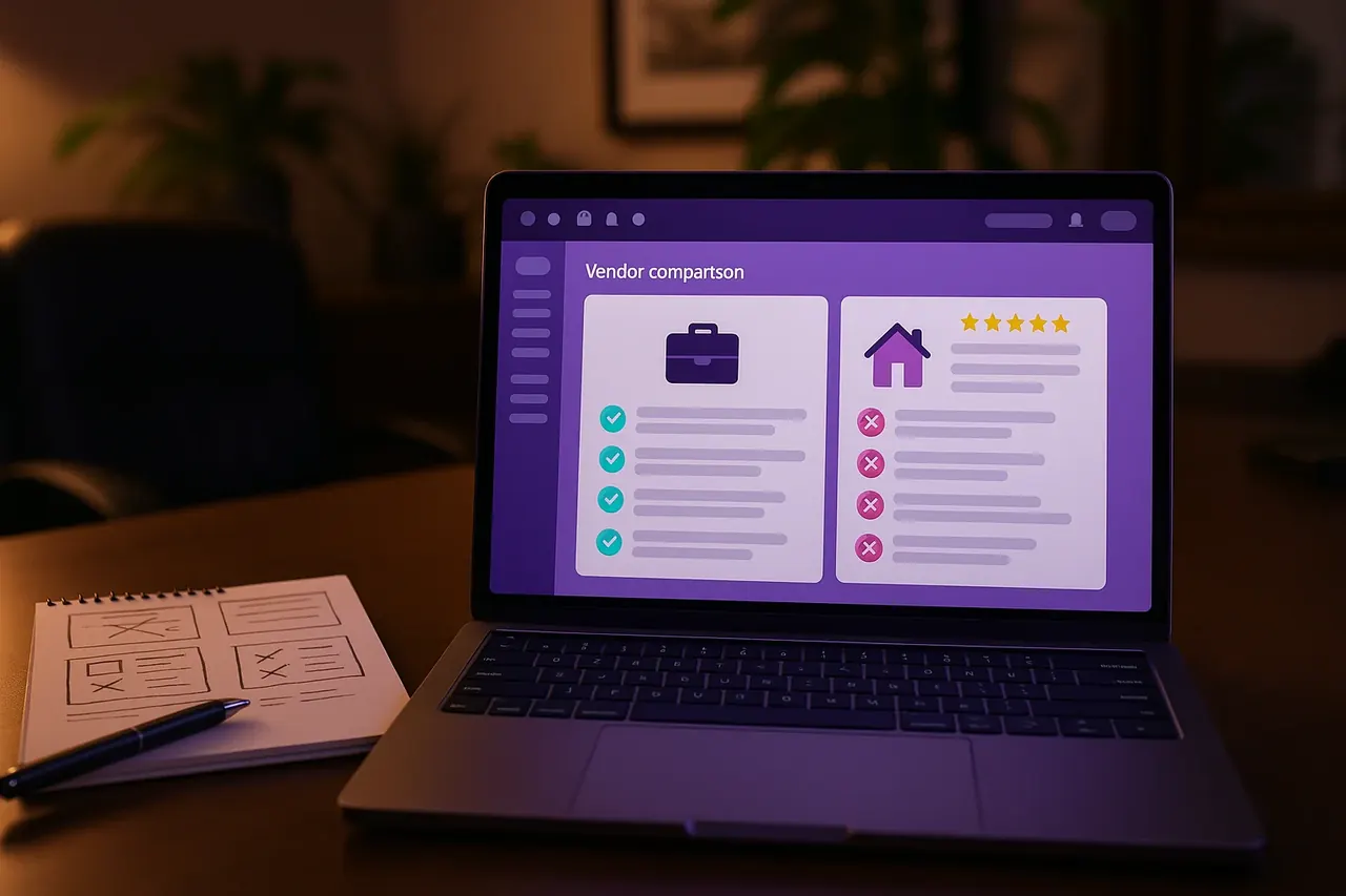 Vendor comparison dashboard on an executive laptop showing agency-versus-in-house side-by-side feature comparison cards for Houston SMBs evaluating AI implementation