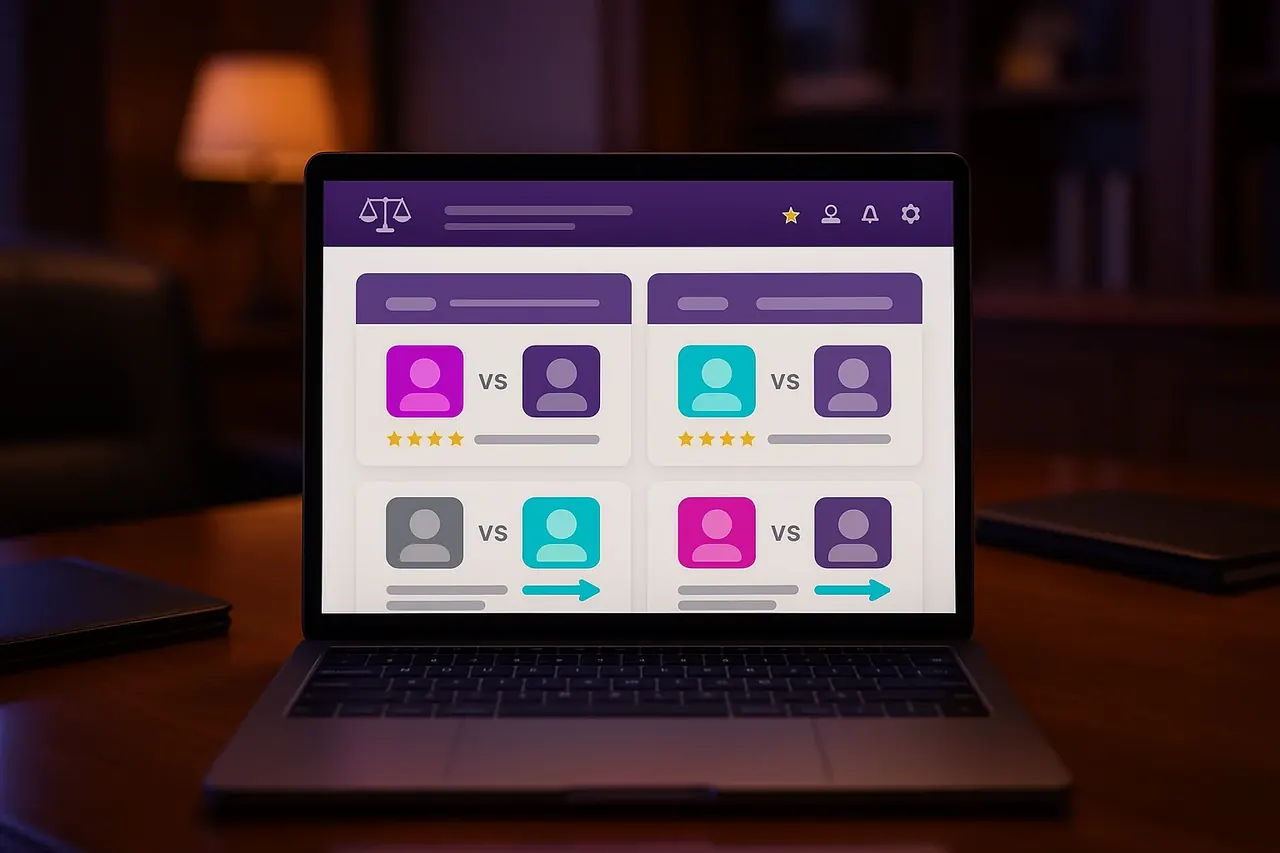 Mastodon Marketing comparison library dashboard on an executive laptop showing 4 vendor comparison tile cards for Houston AI agency evaluations