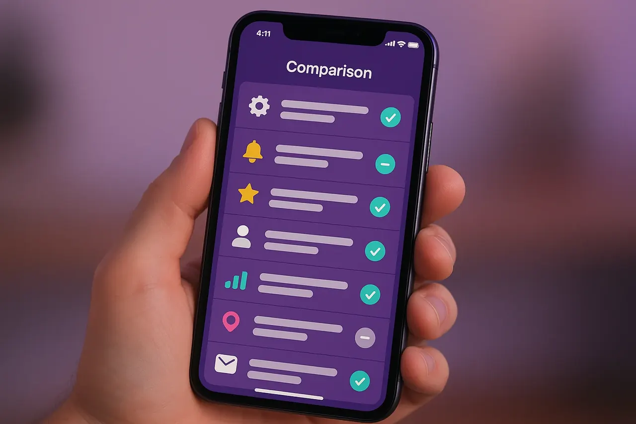 Mastodon versus PennComp feature comparison mobile mockup showing dimension-by-dimension capability checkmarks for SMB versus mid-market fit