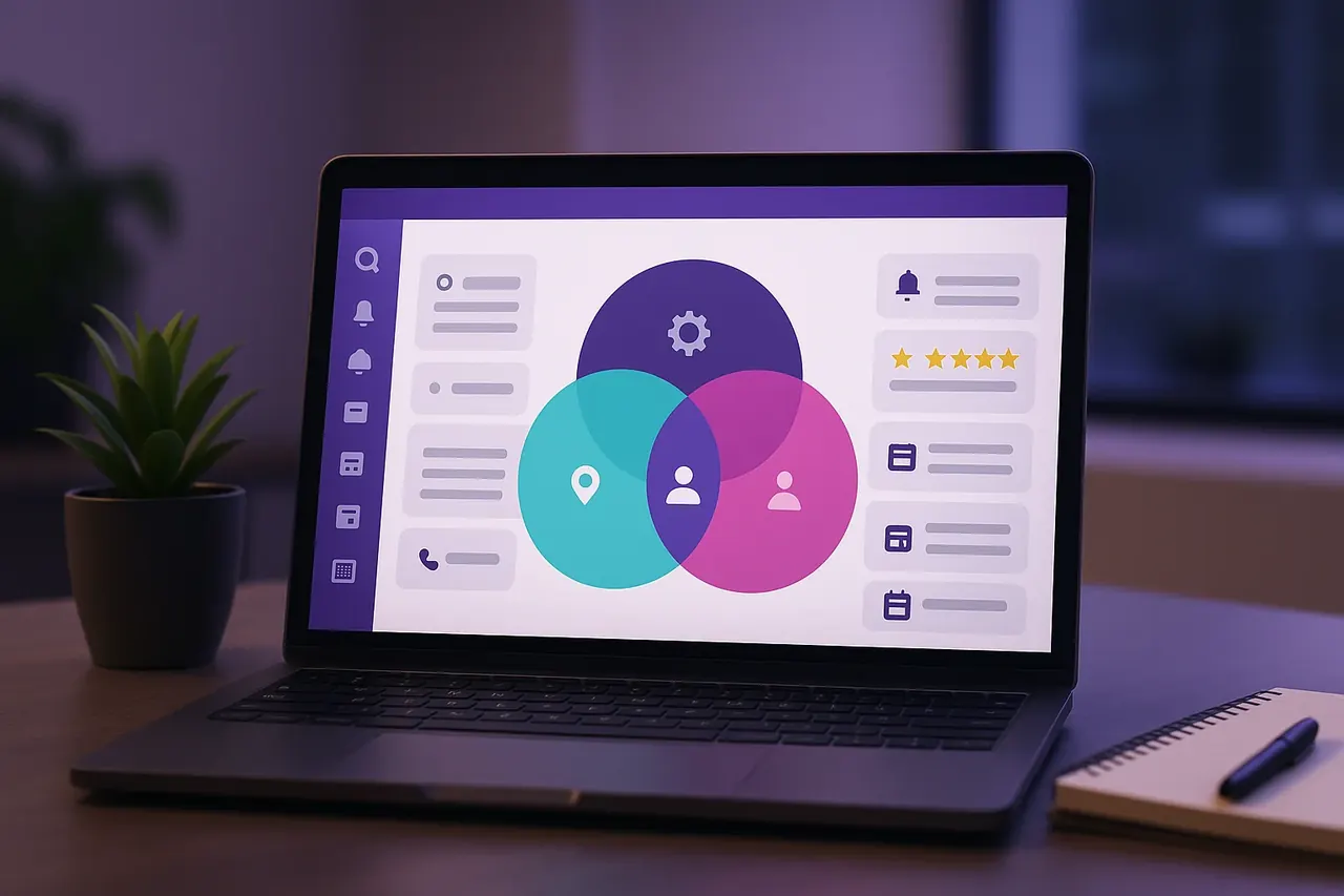 Mastodon Marketing versus Talos Automation Houston AI comparison dashboard on a laptop showing service-overlap Venn diagram