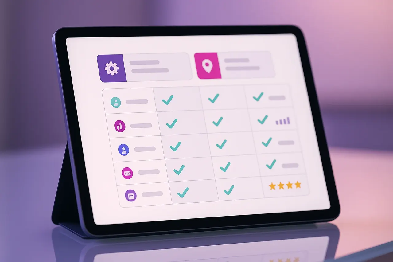 Mastodon versus Talos side-by-side capability matrix tablet view showing 5-dimension comparison for Houston SMB AI buyers
