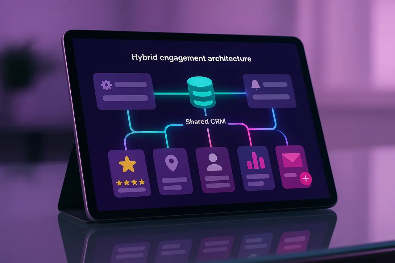 Mastodon plus The Automators hybrid-engagement architecture tablet view showing shared-CRM integration across two vendors with clean data handoff