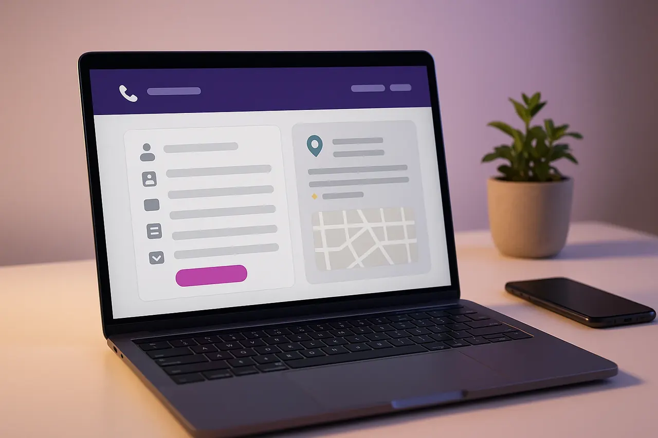 Mastodon Marketing contact page on a laptop showing contact form on the left and contact-info card with address phone email and hours on the right for Houston AI agency