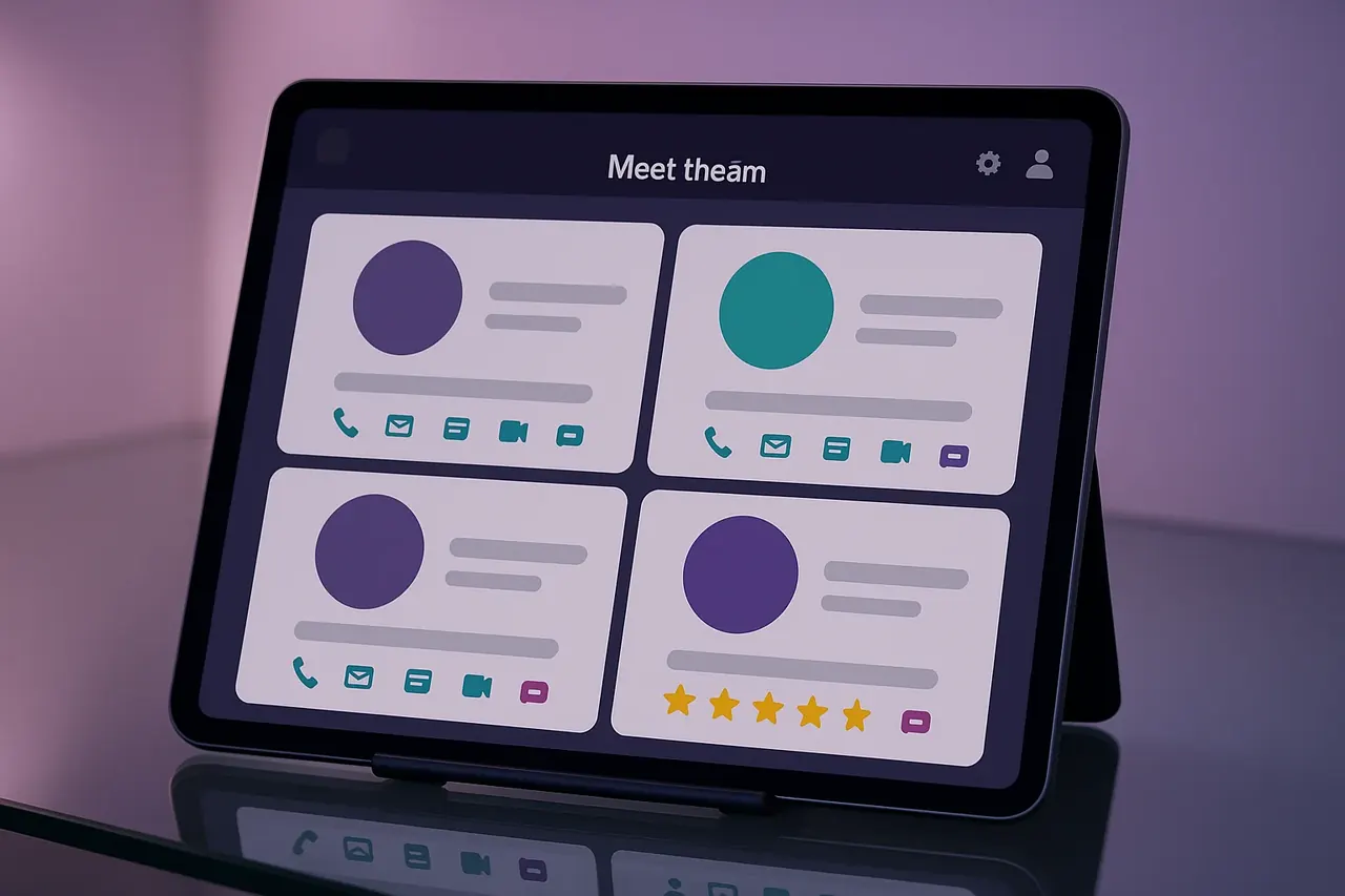 Mastodon Marketing meet-the-team contact tablet dashboard showing 4 team member tile cards with contact action icons for direct outreach