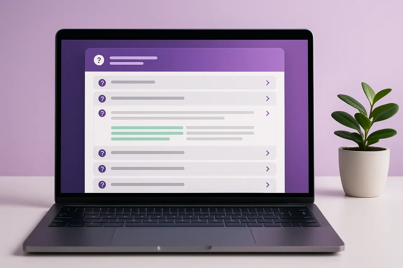 Mastodon Marketing FAQ accordion page on a laptop showing 10 stacked question rows with 2 expanded answer sections for common SMB AI questions