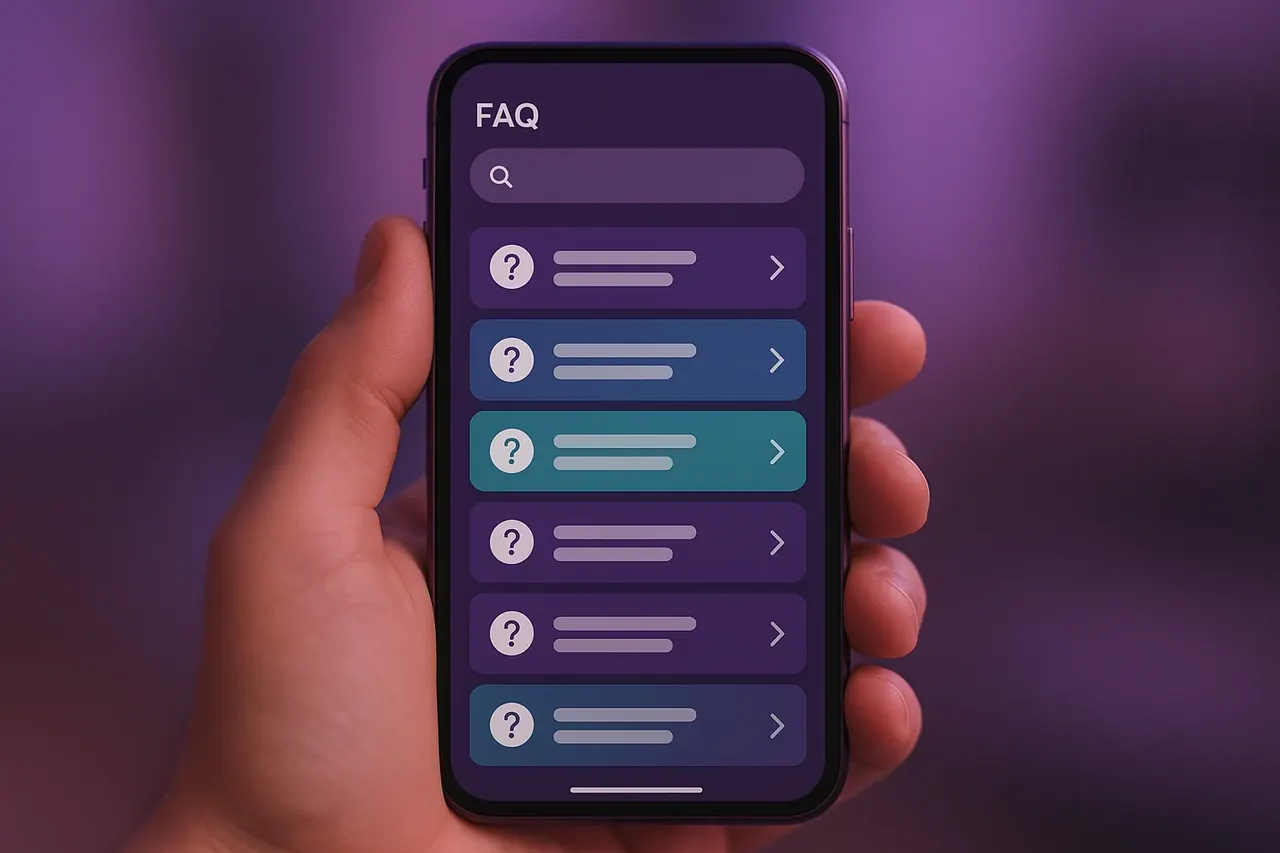 Mastodon Marketing FAQ search mobile mockup showing search bar and question list for finding common SMB AI implementation answers