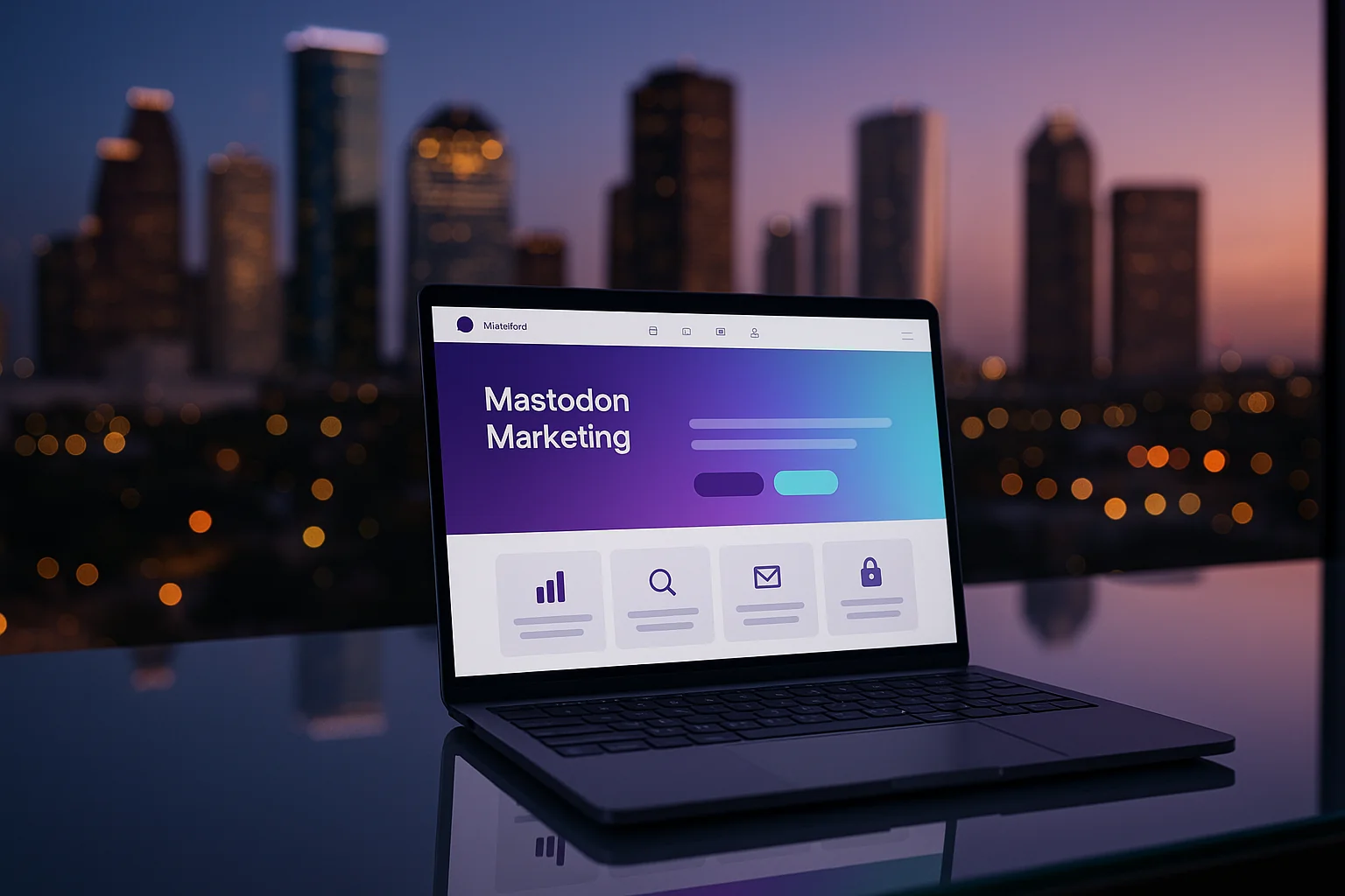 Mastodon Marketing Houston AI implementation homepage on an executive laptop in a downtown Houston office at dusk showing services grid and hero section