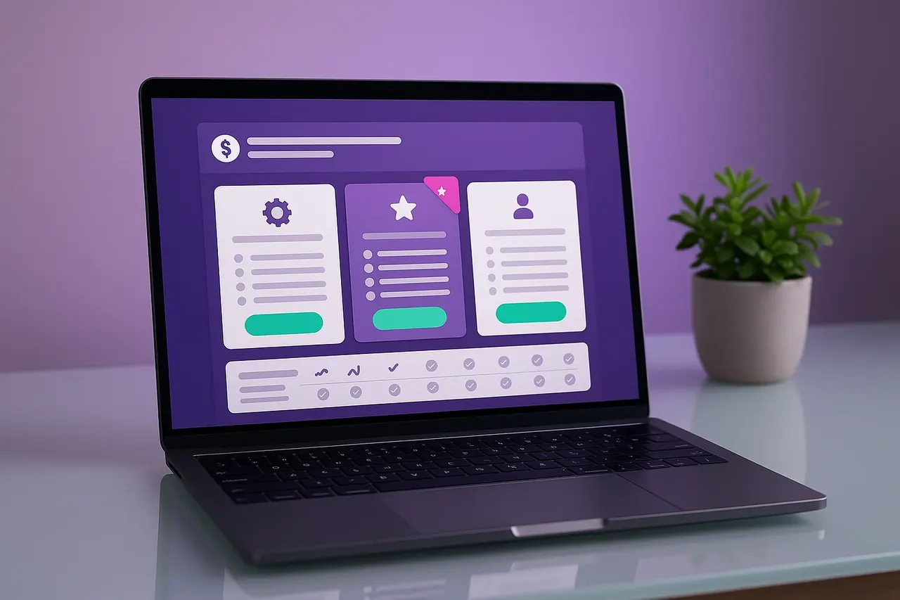 Mastodon Marketing pricing page on a laptop showing 3-tier pricing cards with feature lists and featured-recommended badge for SMB AI implementation