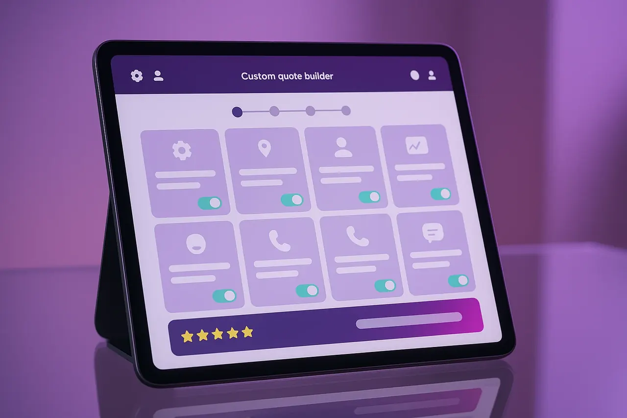 Mastodon Marketing custom-quote builder tablet interface showing wizard step indicator and real-time total card for AI implementation scoping