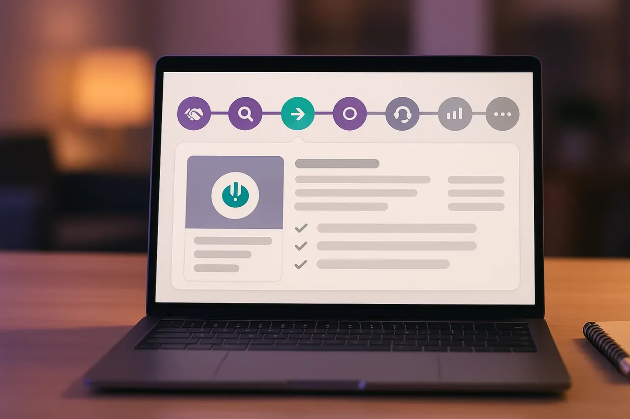 Mastodon Marketing 6-phase process methodology dashboard on an operator laptop showing horizontal phase stepper with discovery to delivery milestones
