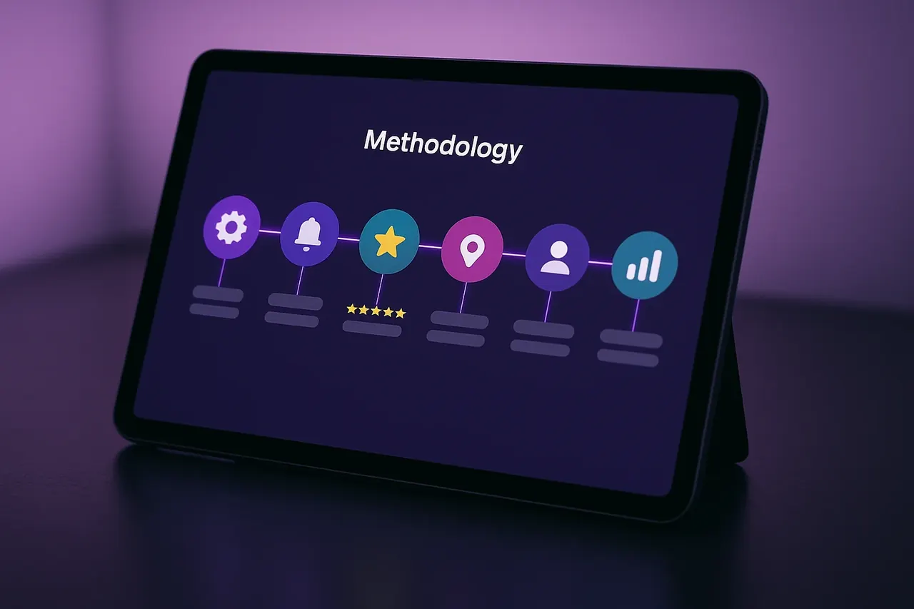 Mastodon 6-phase methodology flowchart tablet view showing connected phase nodes for transparent client engagement workflow
