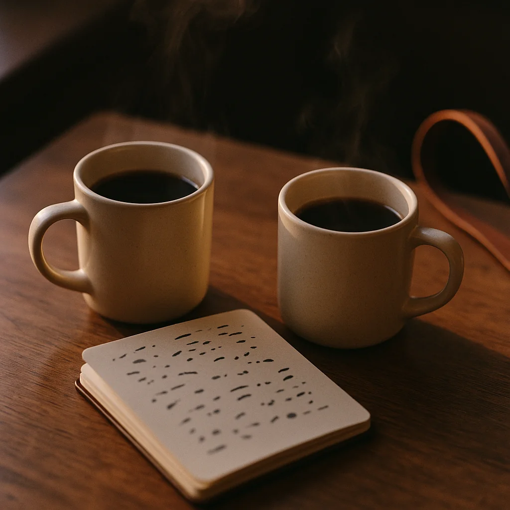 Two coffee mugs on a wooden cafe table with steam rising, a small open notebook between them, morning light from the side