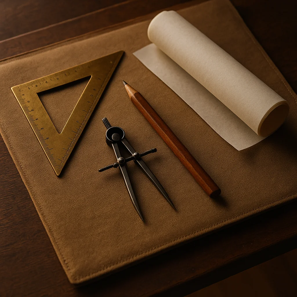 Brass triangular ruler, dividers, sharp wooden carpenter's pencil, and unrolled trace paper on a tan canvas drafting mat