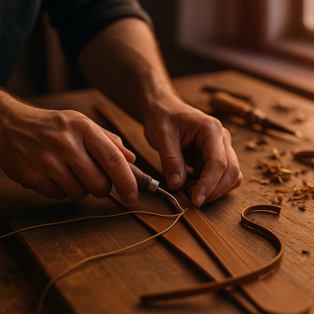 Craftsperson's hands working with leather and a hand-stitching tool on a wooden workbench, wood shavings scattered nearby