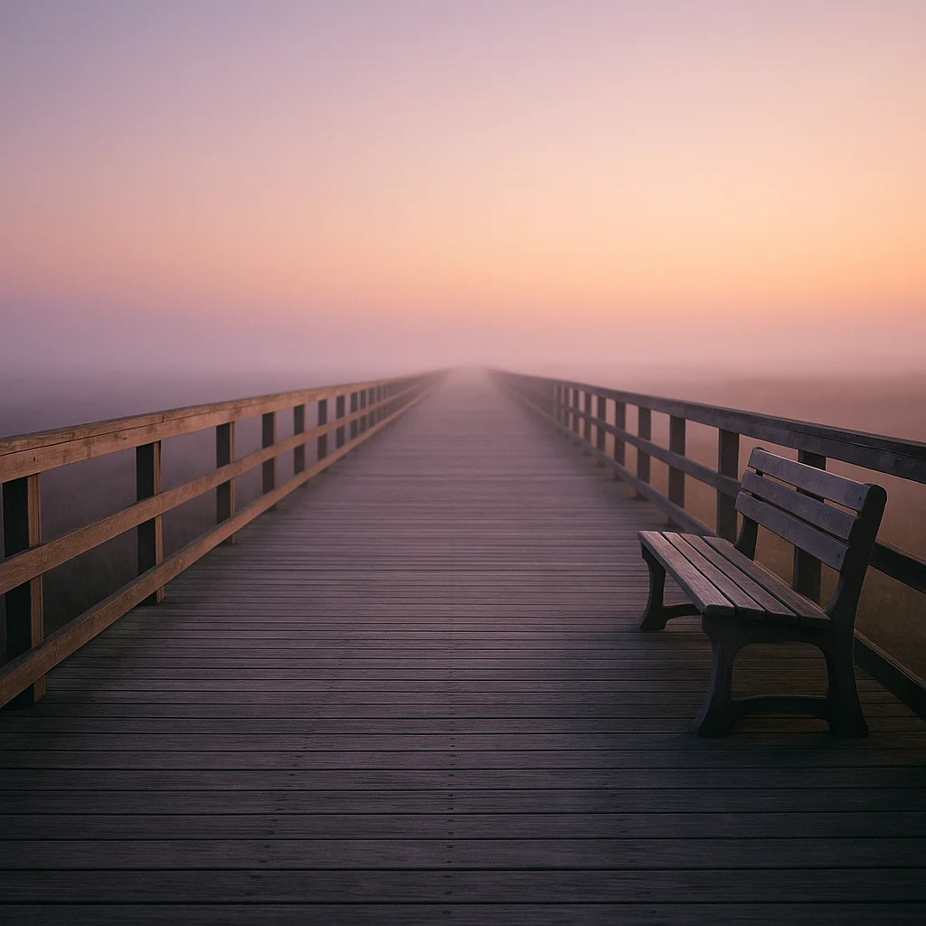 Long empty wooden boardwalk stretching toward the horizon at dawn with soft mist hanging above the boards
