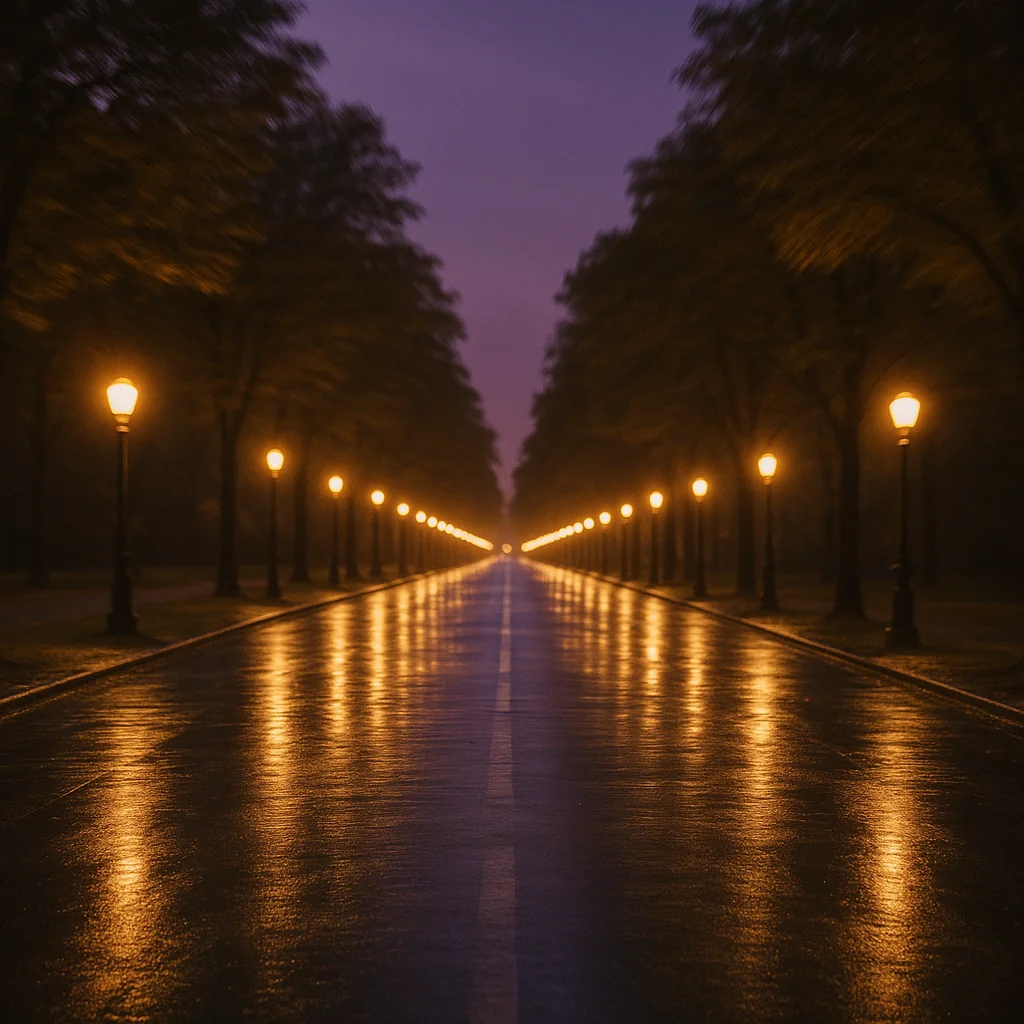 Tree-lined avenue at twilight with warm streetlamps lit on both sides creating a corridor of soft golden light receding into distance