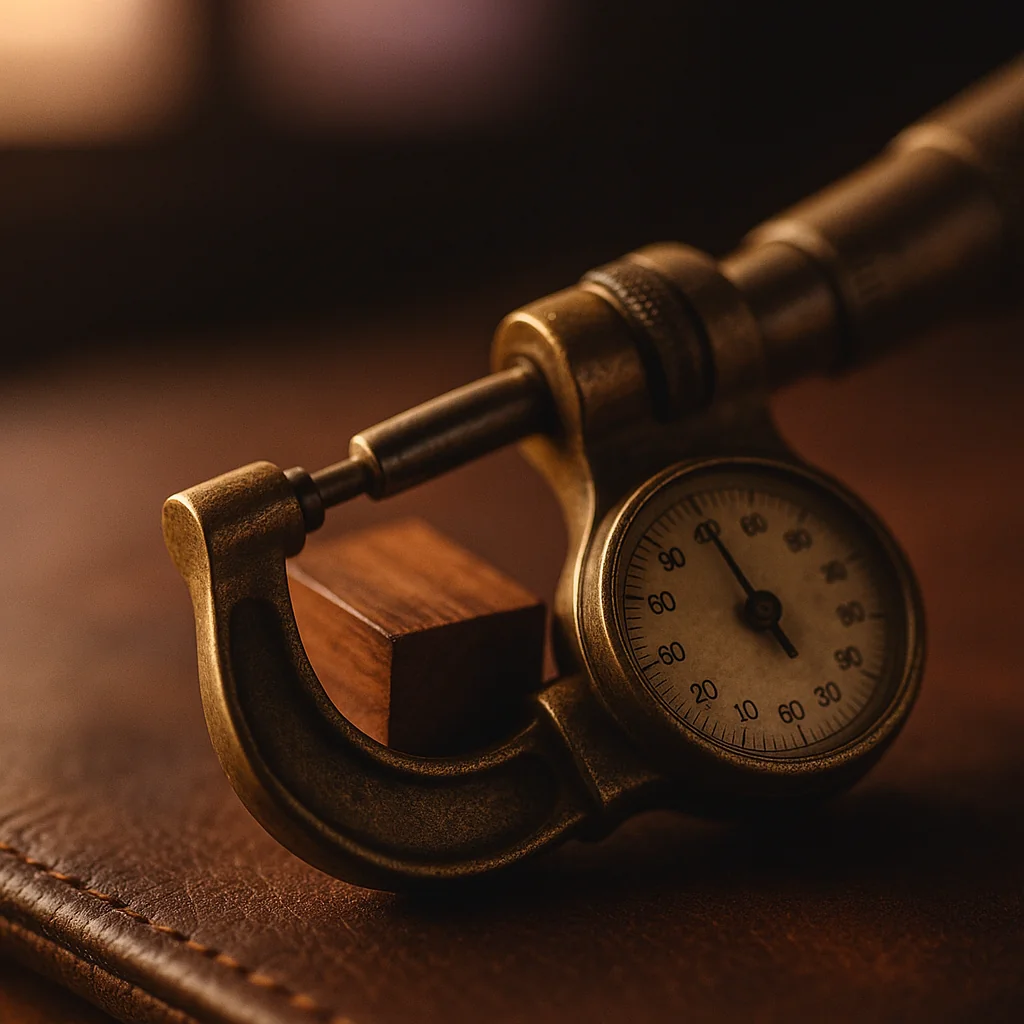 Macro close-up of an antique brass micrometer caliper measuring a small polished wooden block on a leather surface, extreme shallow depth of field