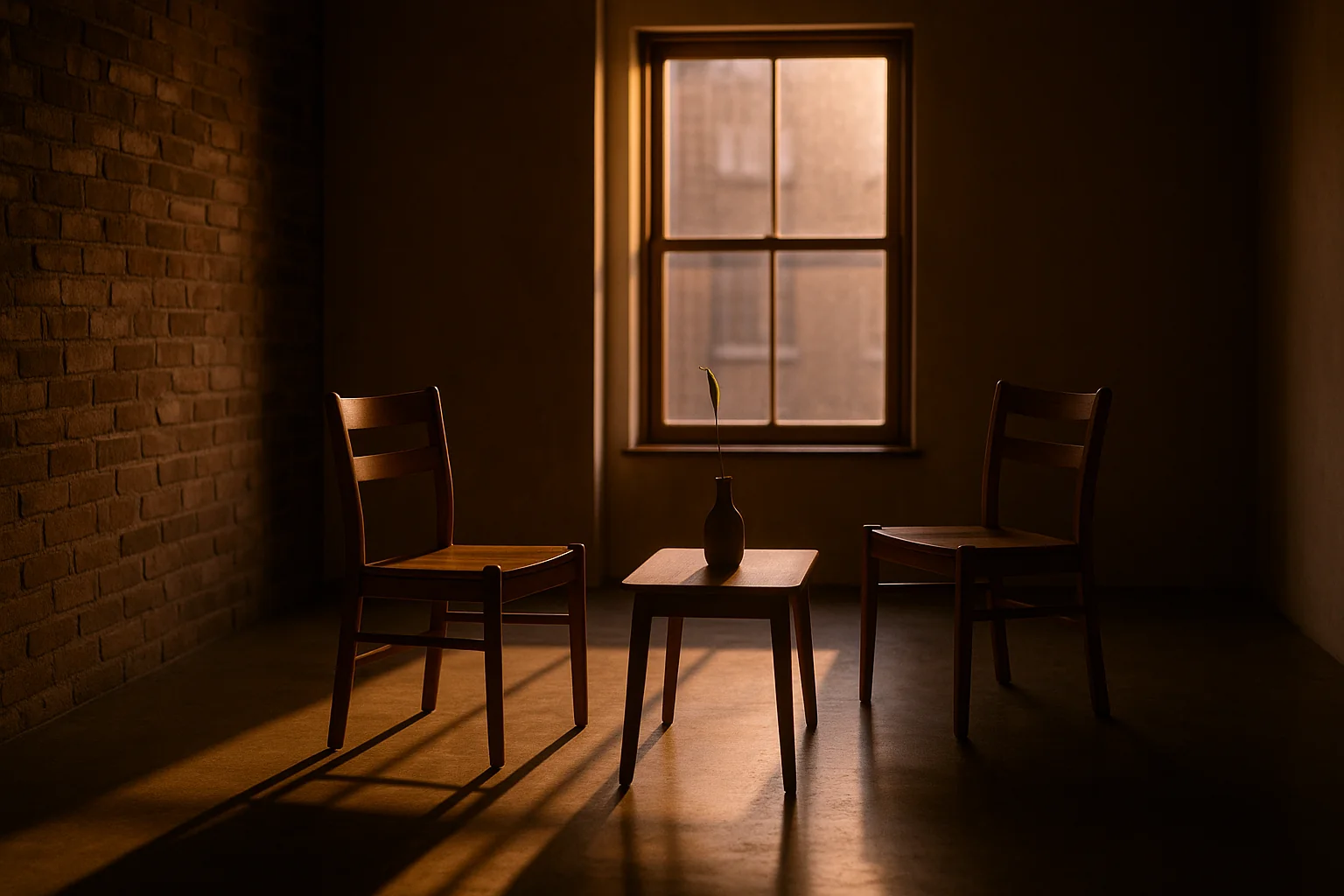 Quiet contemplative interior room with two simple wooden chairs facing each other near a tall window, warm golden-hour light, ceramic vase on a wooden coffee table between the chairs