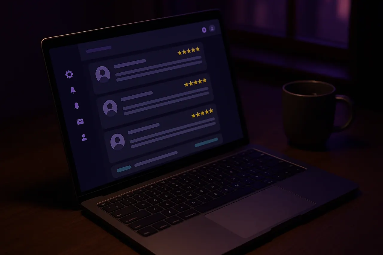 AI review response automation workspace showing a laptop drafting Google review replies for a Houston SMB after-hours operations setup