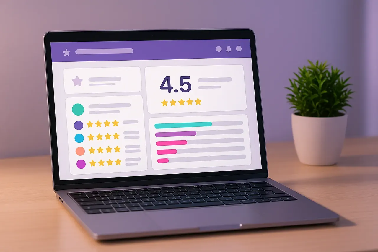 Mastodon Marketing customer reviews aggregator dashboard on a laptop showing average rating card and per-rating distribution chart with review rows
