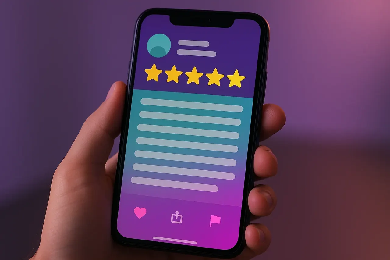 Mastodon Marketing single customer review mobile mockup showing avatar 5 star rating and detailed review body for Houston SMB testimonials
