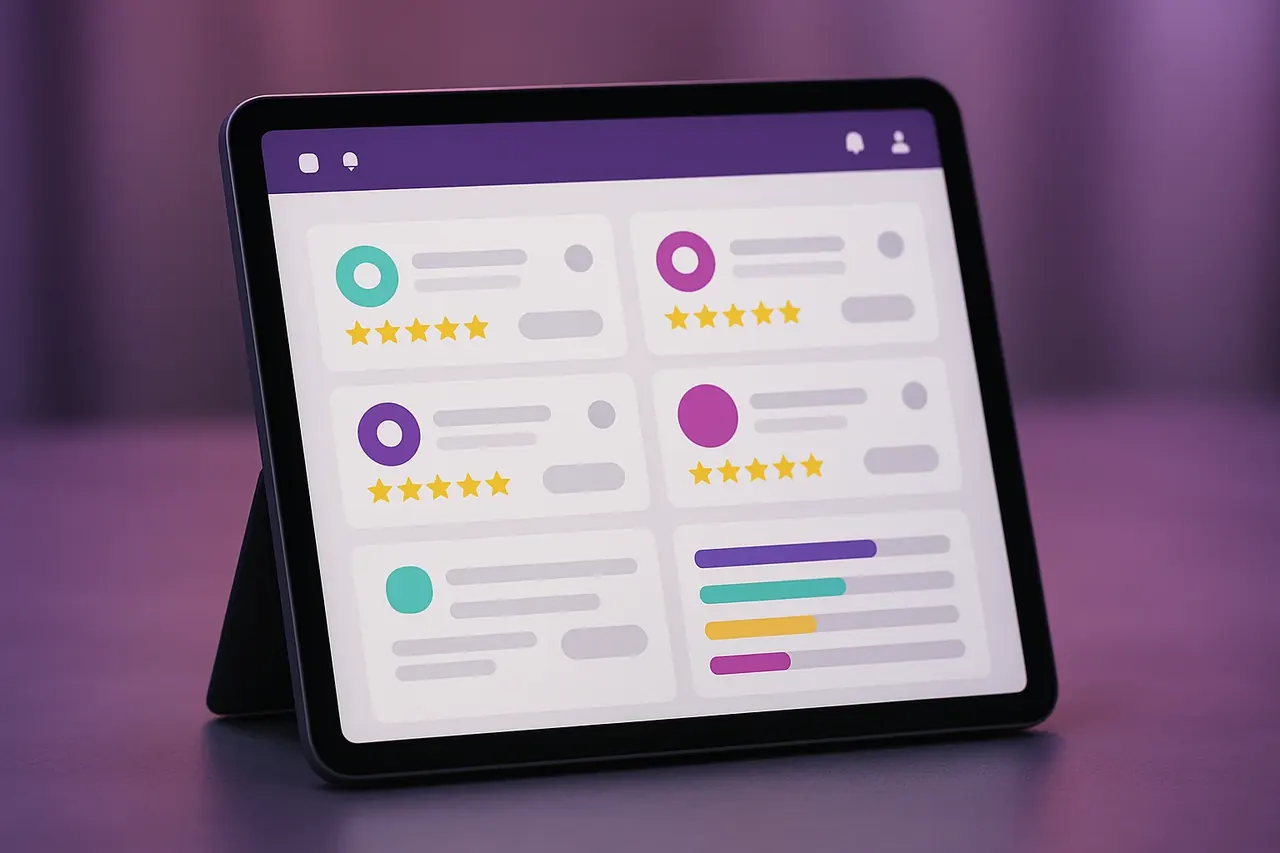 Mastodon Marketing multi-platform review aggregation tablet dashboard showing Google Facebook Yelp and BBB platform sources