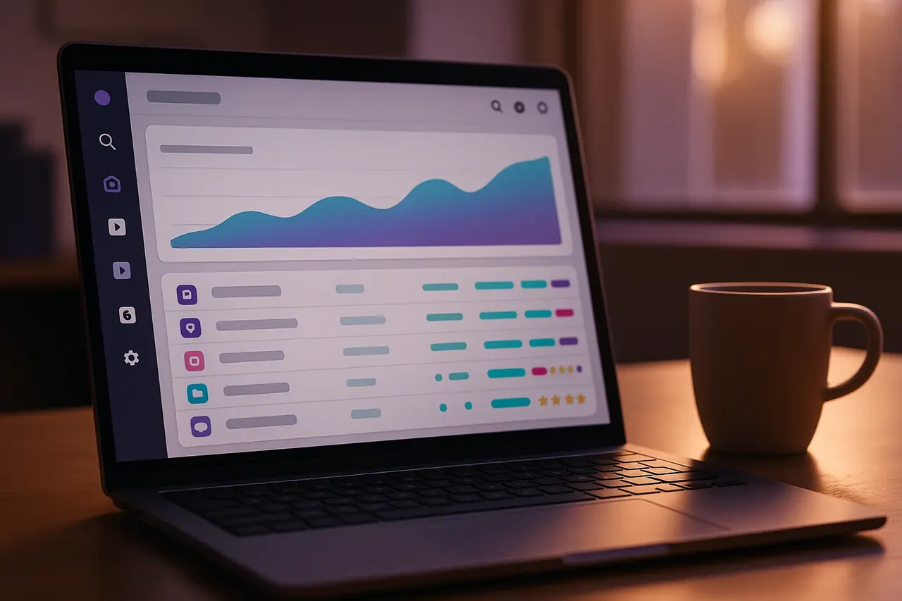 Google Ads management Houston dashboard on a paid ads manager laptop showing campaign performance trend and search shopping video display tiles