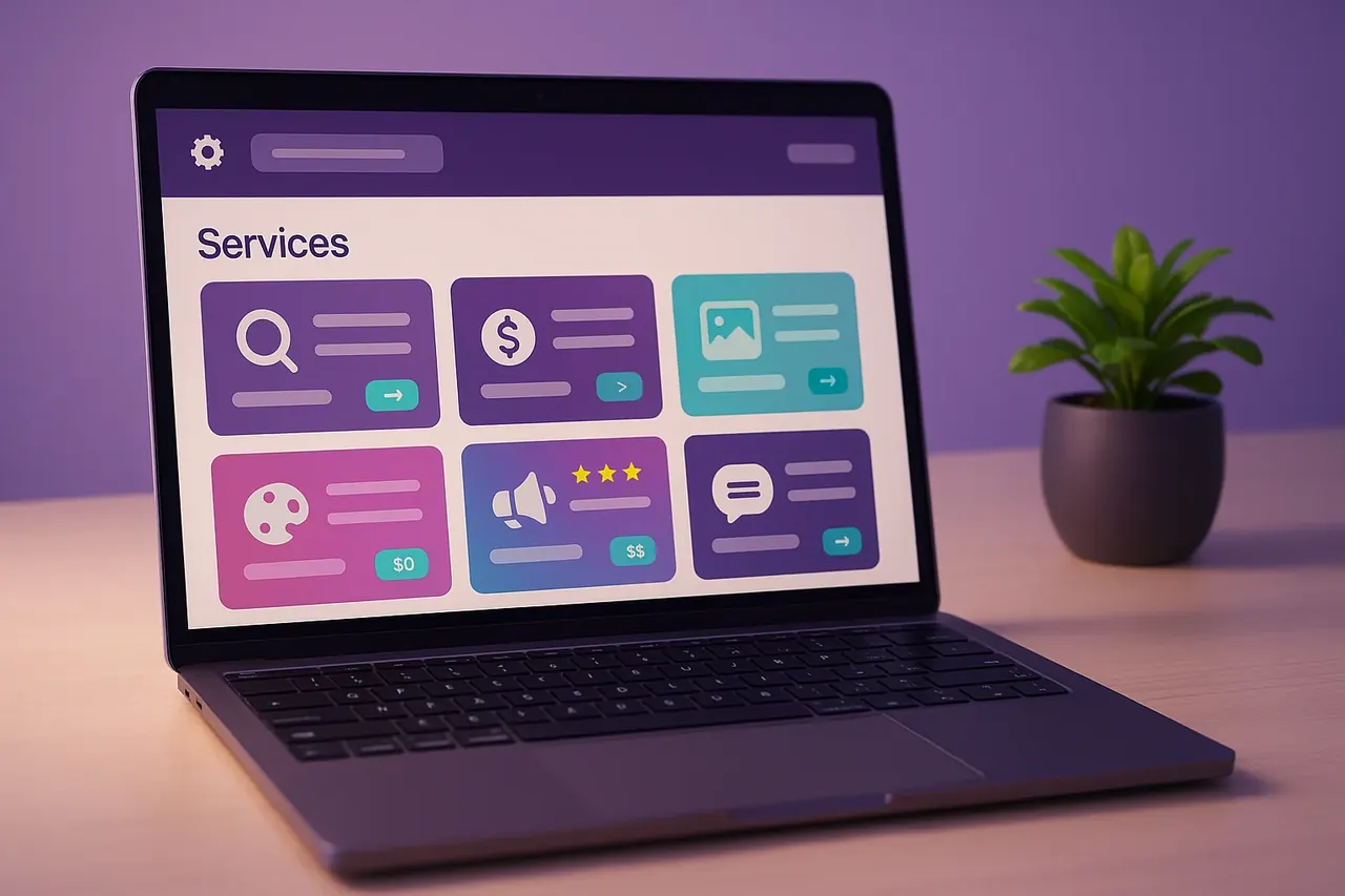 Mastodon Marketing services portfolio dashboard on an executive laptop showing 6 service tile cards for SEO ads content social web design and AI implementation