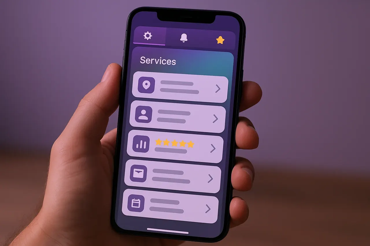 Mastodon Marketing services browser mobile mockup showing service list with category tabs for Houston SMBs browsing offerings