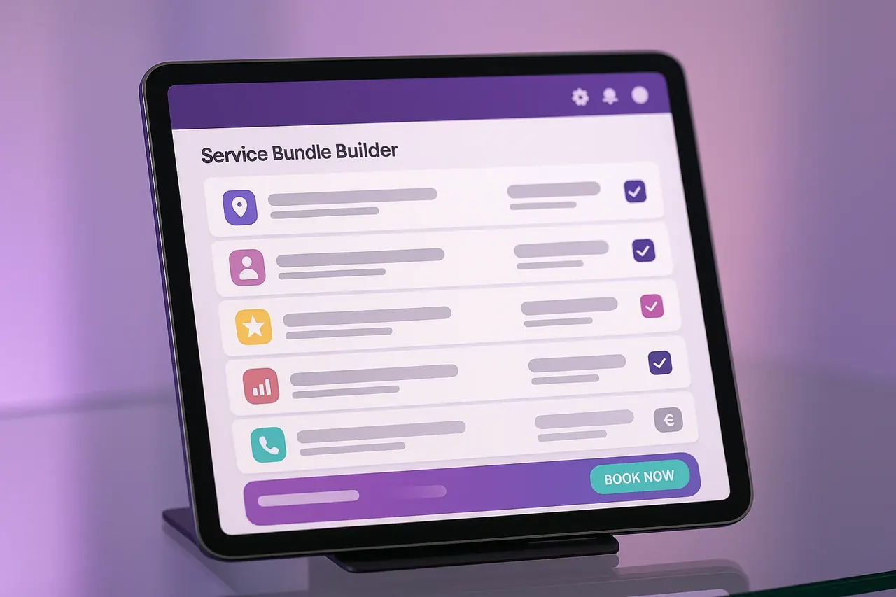 Mastodon Marketing service-bundle builder tablet dashboard showing checkable service rows with running-total for custom engagement scoping