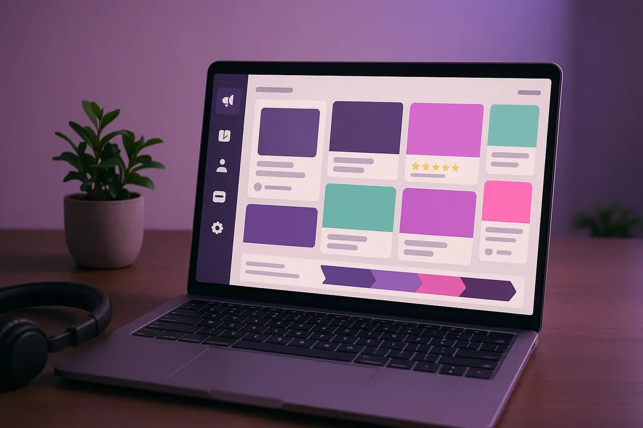 Meta Ads management Houston dashboard on a laptop showing Facebook and Instagram creative grid funnel performance and campaign KPIs