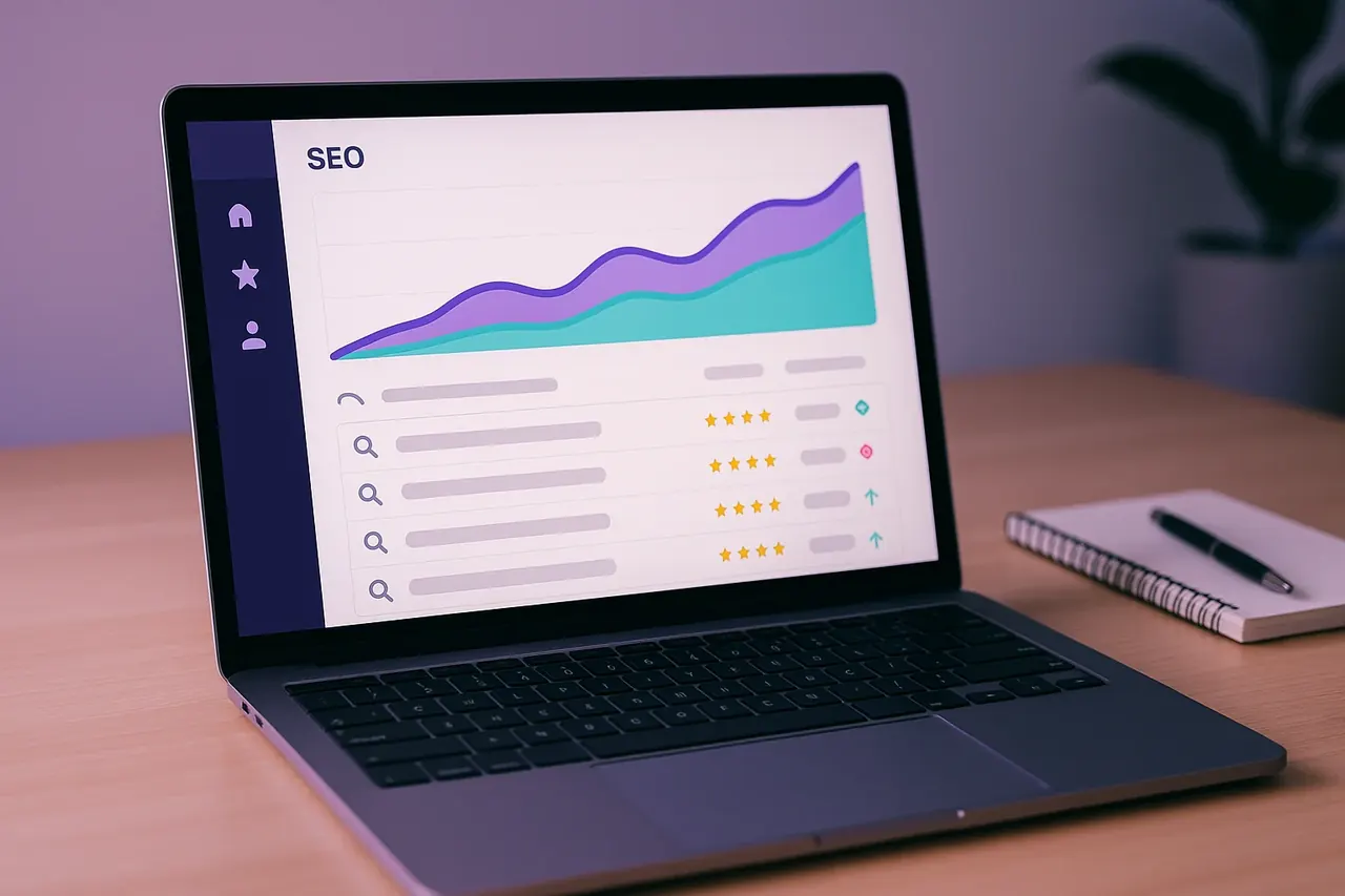 Houston SEO performance dashboard on a laptop showing organic traffic trend keyword ranking list and topical authority indicators