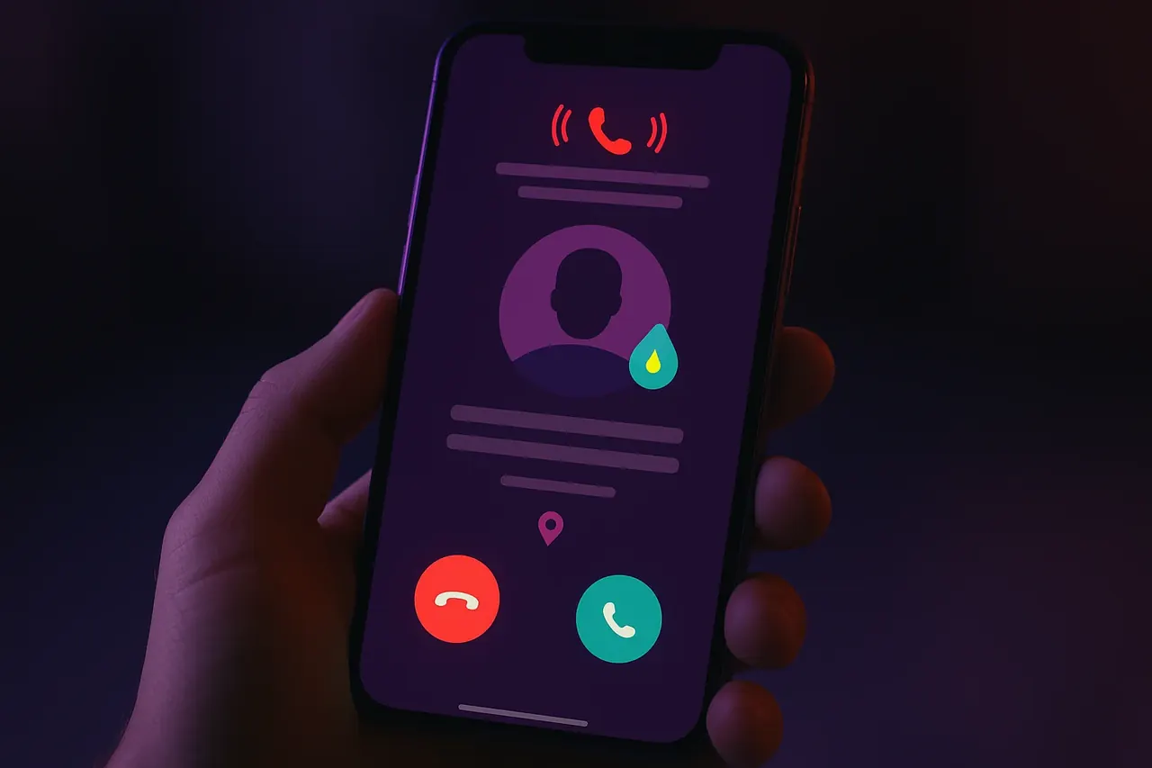 After-hours emergency restoration call mobile mockup showing urgent water-damage incoming call with accept-and-dispatch actions