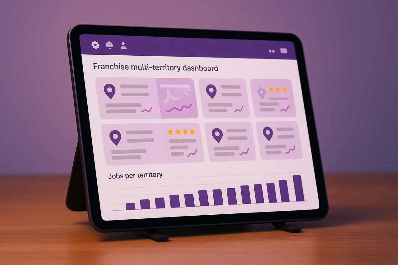 911 Restoration Tampa multi-territory franchise tablet dashboard showing per-territory KPIs and jobs analytics for restoration operators