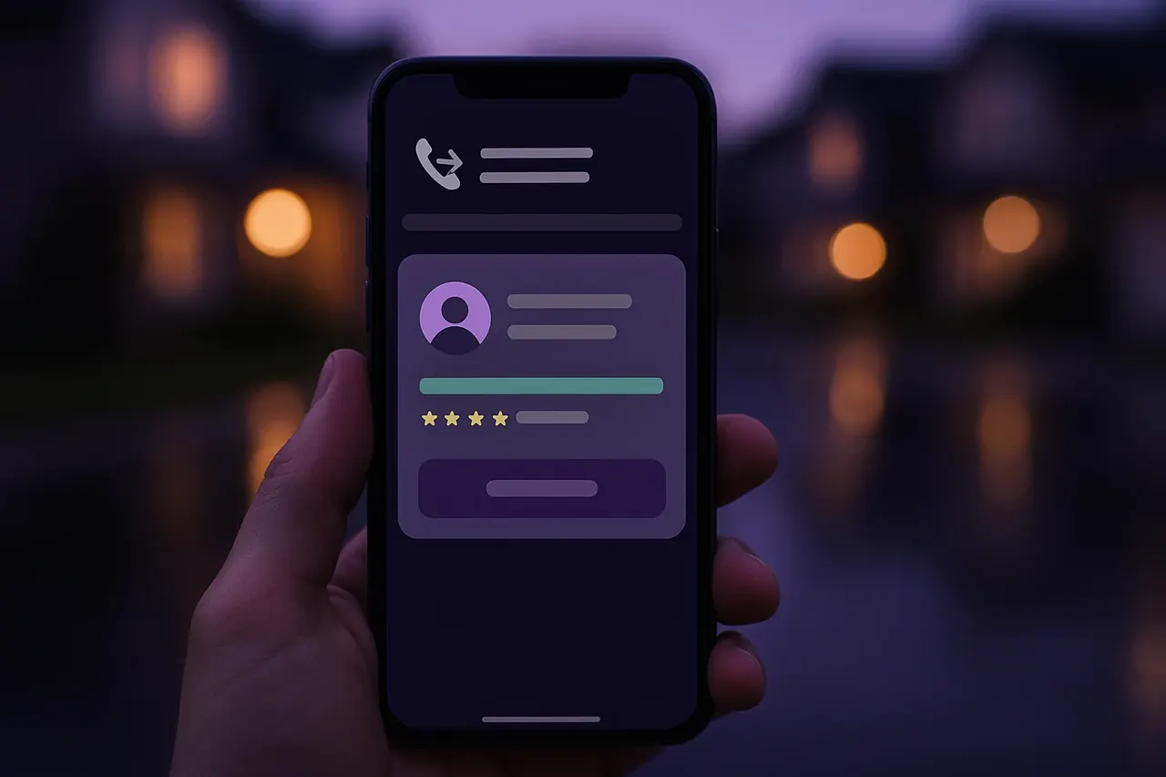 Core KHI missed-call recovery mobile mockup at a residential job site showing automated text-back conversation after missed phone call