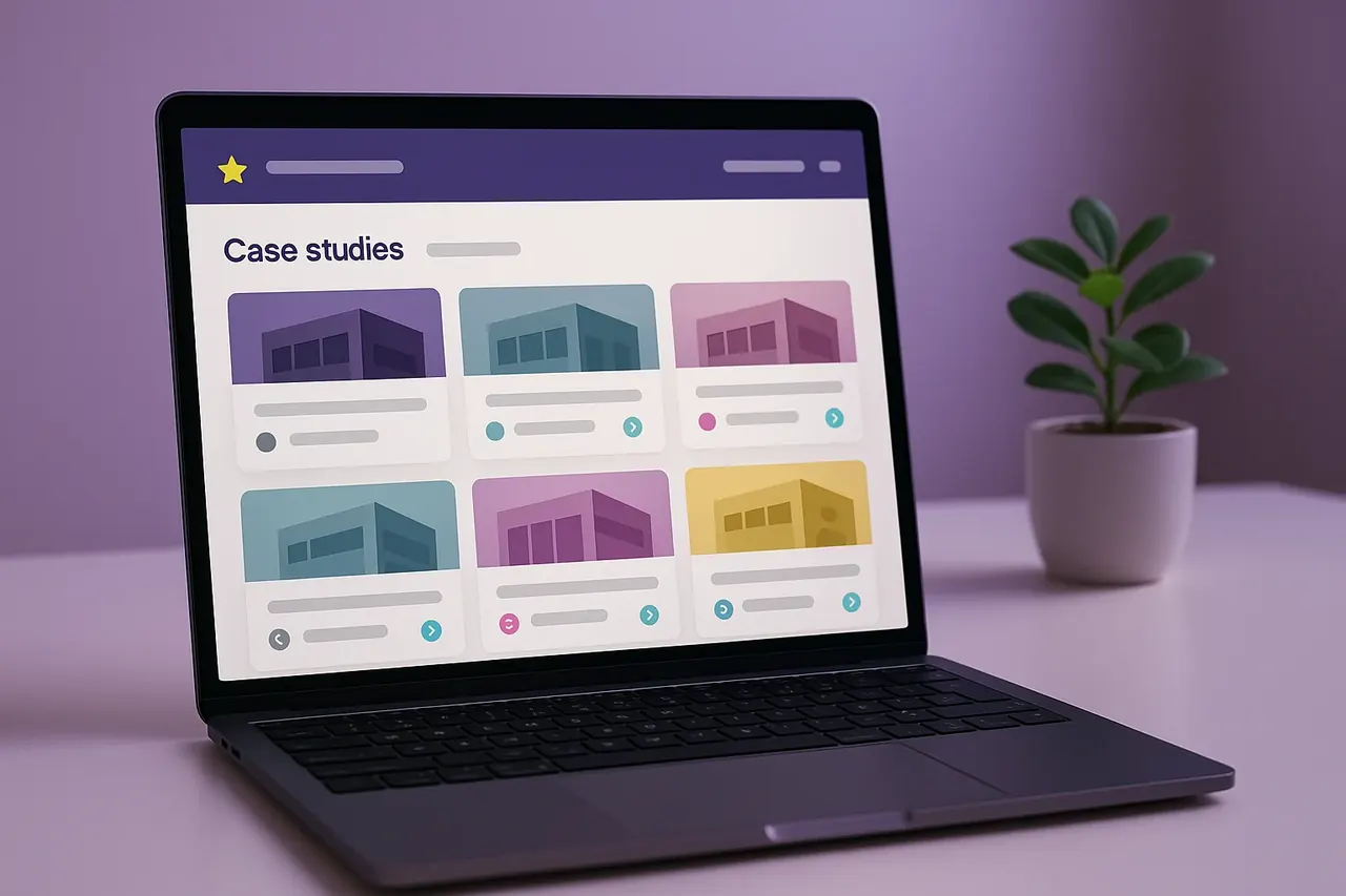 Mastodon Marketing case studies portfolio dashboard on a laptop showing 6 case study tile cards with industry icons and result indicators for Houston SMB clients