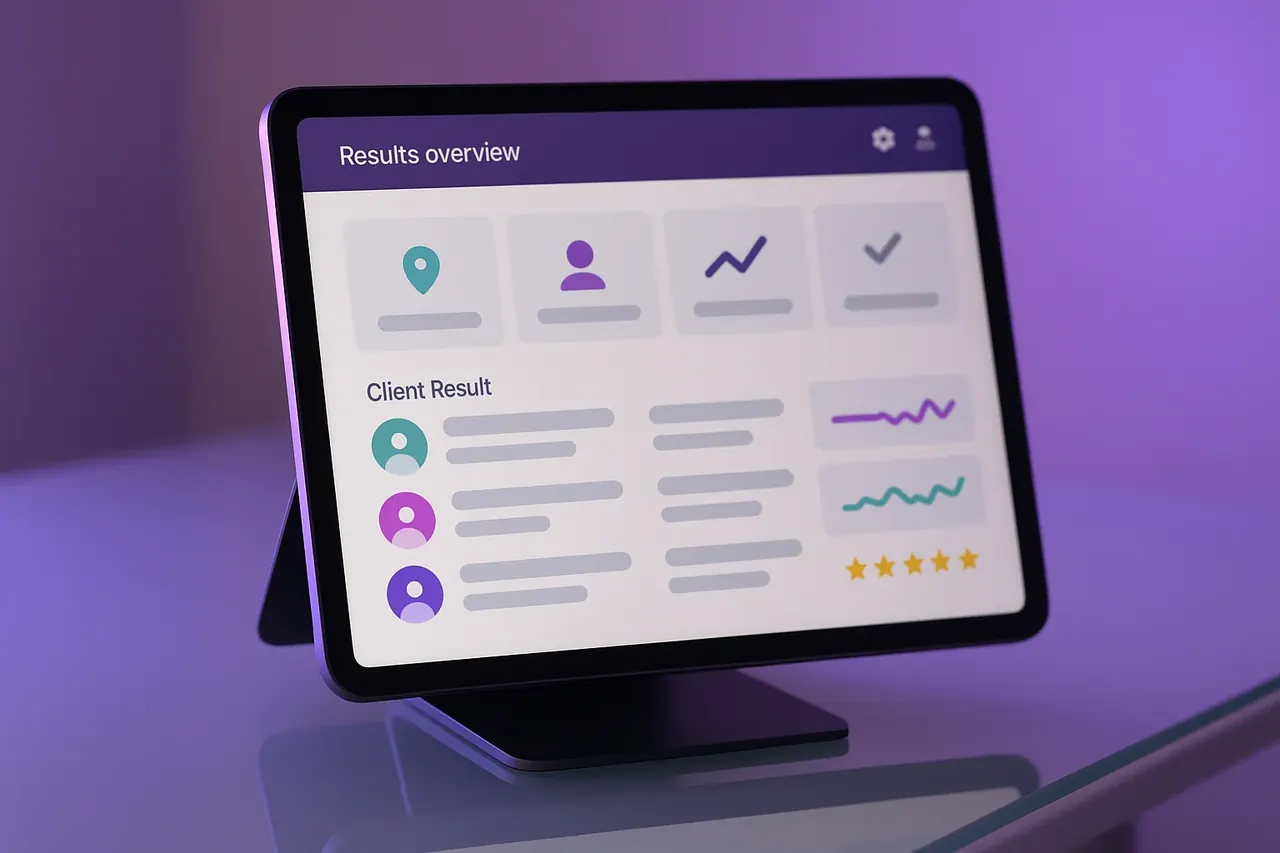 Mastodon Marketing results overview tablet dashboard showing aggregate KPIs and per-client result rows across Houston home services healthcare and B2B