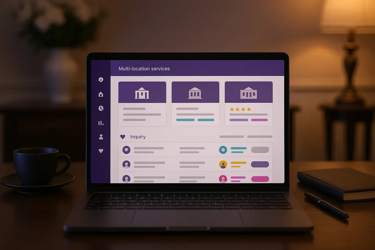 Leal Funeral Home multi-location dashboard on a laptop in a quiet professional office showing location tiles and inquiry pipeline case study