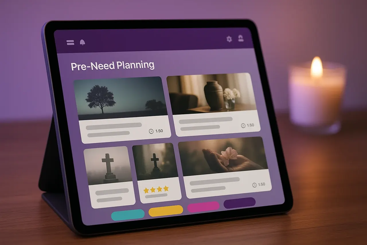 Leal Funeral Home pre-need planning content tablet dashboard showing educational content grid for long-term lead pipeline