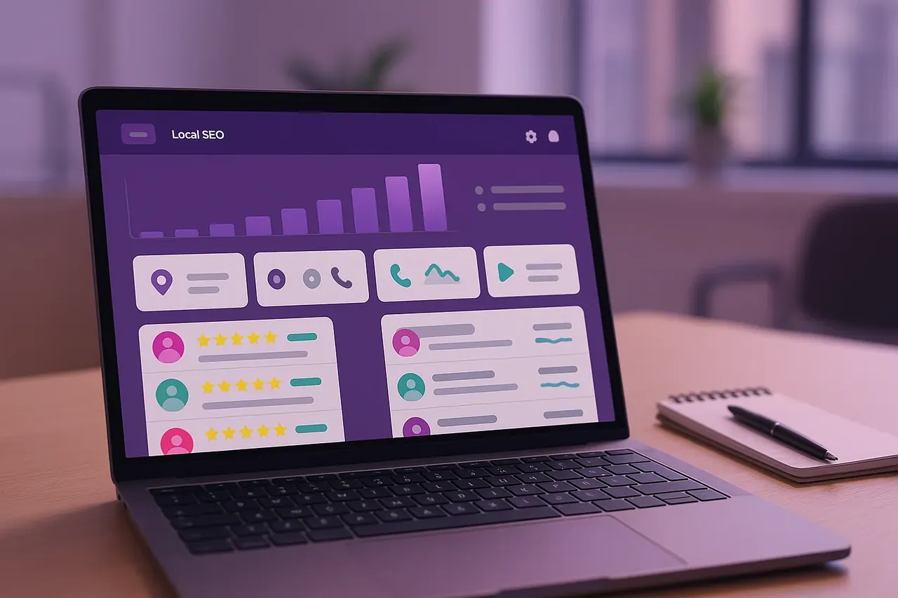 Online Credit Repair GBP-led local SEO dashboard on a financial services laptop showing review trend and KPI tiles case study