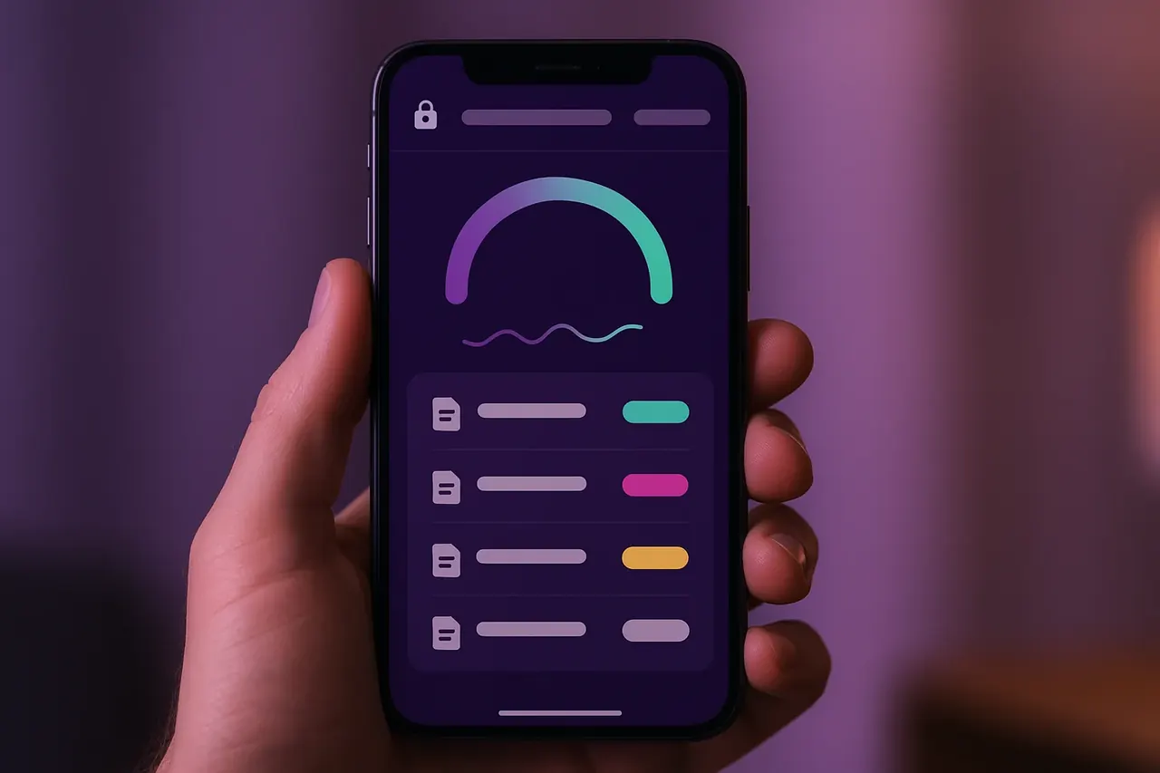 Online Credit Repair customer portal mobile mockup showing credit score gauge and dispute status rows for credit repair clients