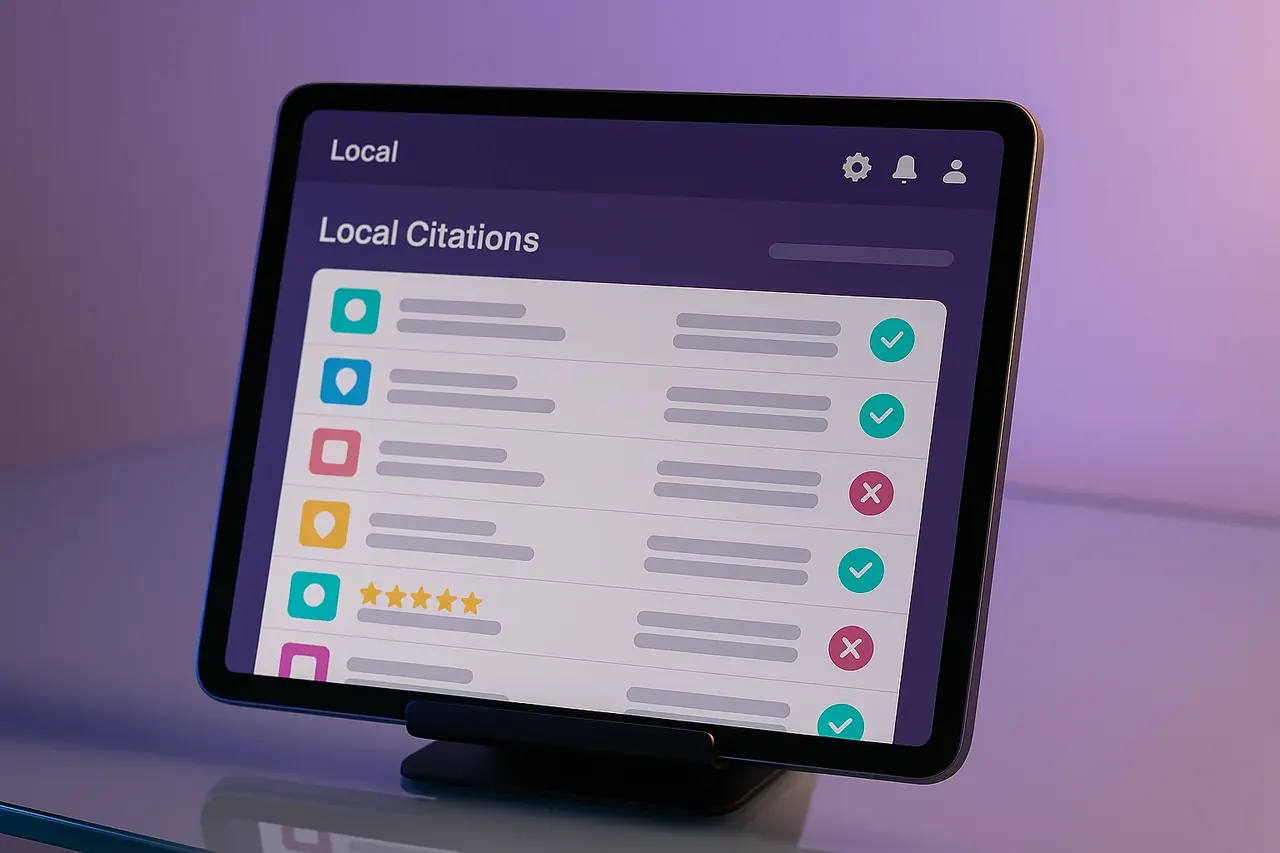 Online Credit Repair local citations tablet dashboard showing NAP consistency verification across 50+ directories