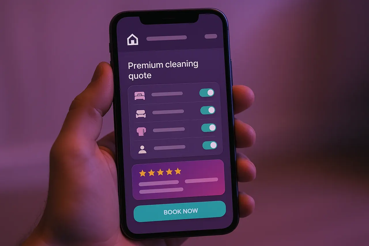 Pro-Fresh Houston premium-cleaning quote mobile mockup showing service configuration toggles and instant quote total