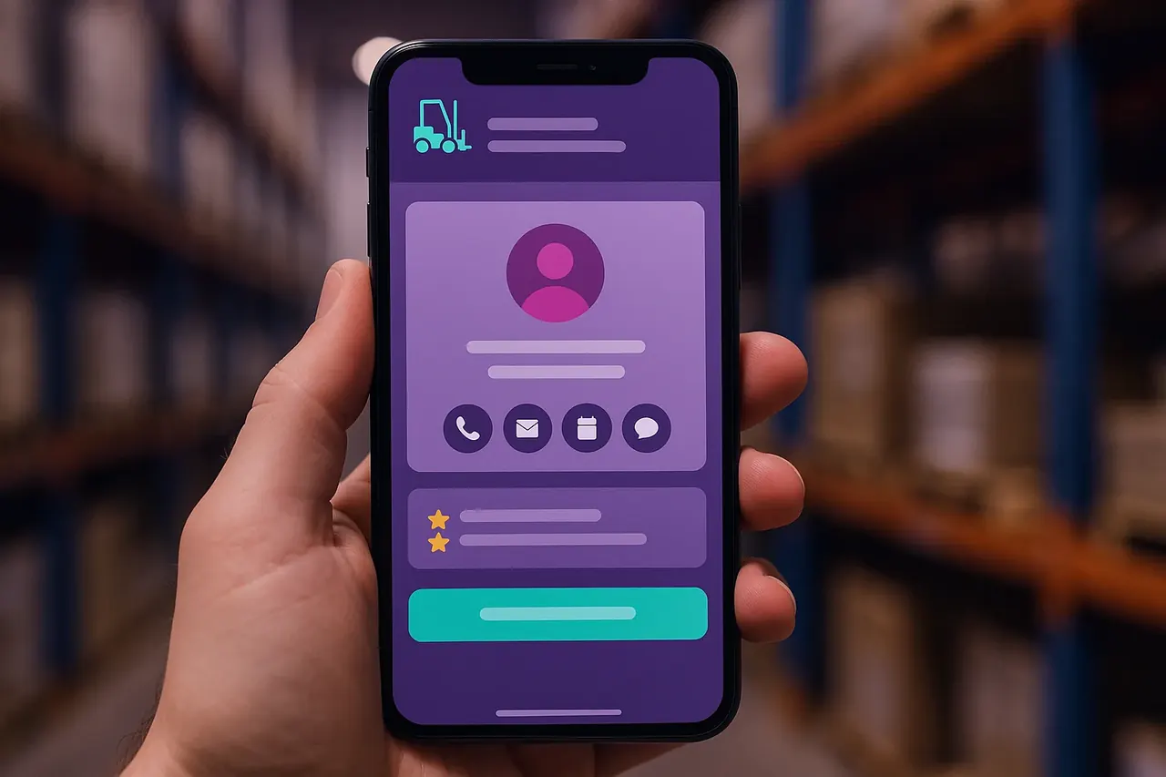 Upright Forklift commercial equipment inquiry mobile mockup at a warehouse showing contact card with request-quote action