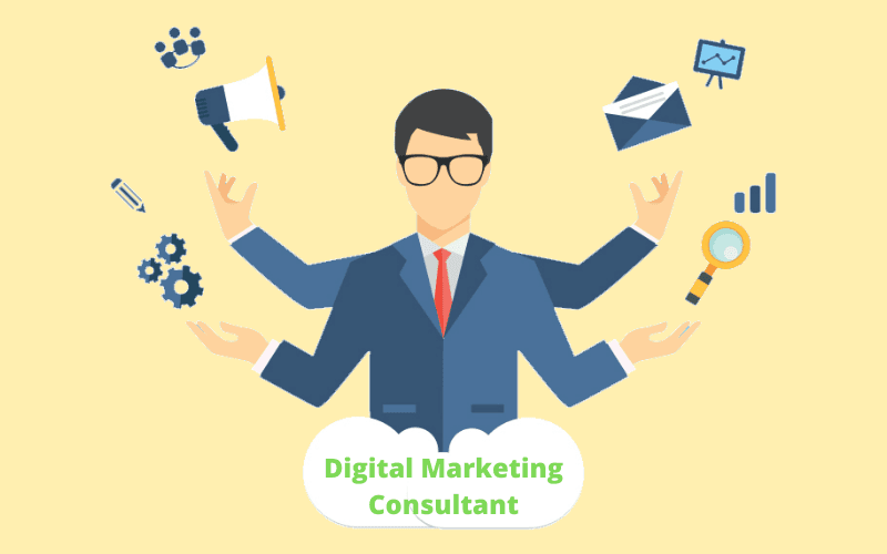 Digital marketing consultant illustration with multiple arms representing various digital marketing tools like social media, analytics, and email, emphasizing the role of a digital marketing consultant in promoting businesses online.