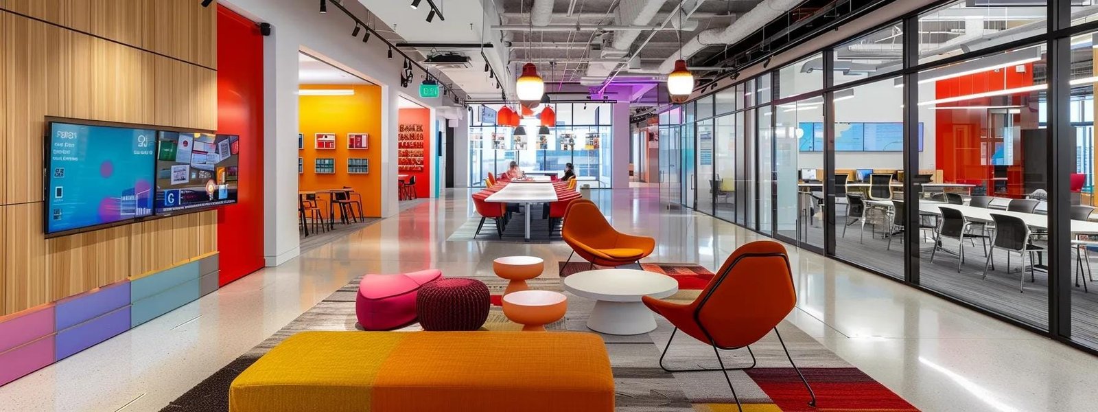 Modern office interior of a digital marketing agency with colorful seating, large communal table, and vibrant decor, showcasing a collaborative workspace environment.