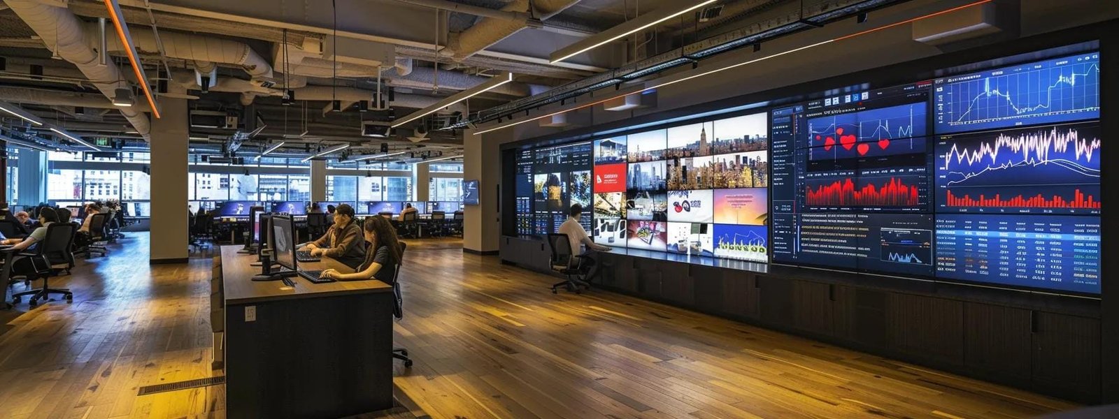 a dynamic, modern new york city ad agency workspace captures a team collaborating over digital marketing strategies, illuminated by sleek overhead lighting, with large screens displaying real-time performance analytics in the background. a dynamic, modern new york city ad agency workspace captures a team collaborating over digital marketing strategies, illuminated by sleek overhead lighting, with large screens displaying real-time performance analytics in the background.