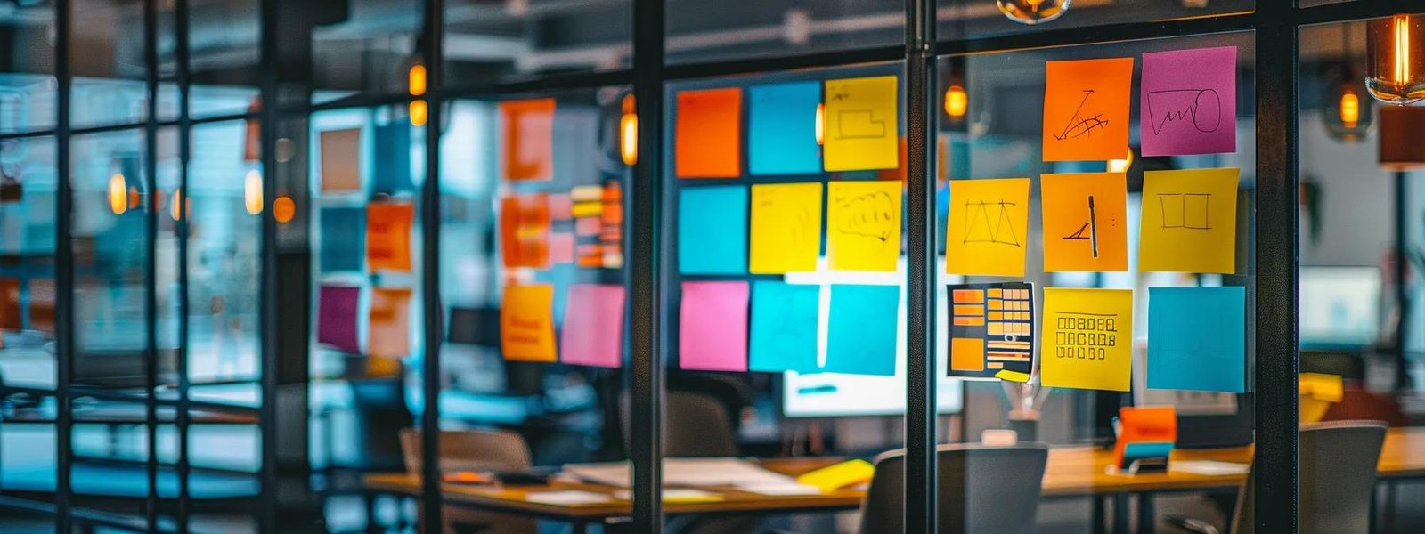 Dynamic modern office workspace featuring colorful sticky notes on glass walls, emphasizing collaboration and creativity in marketing strategies for 2025.